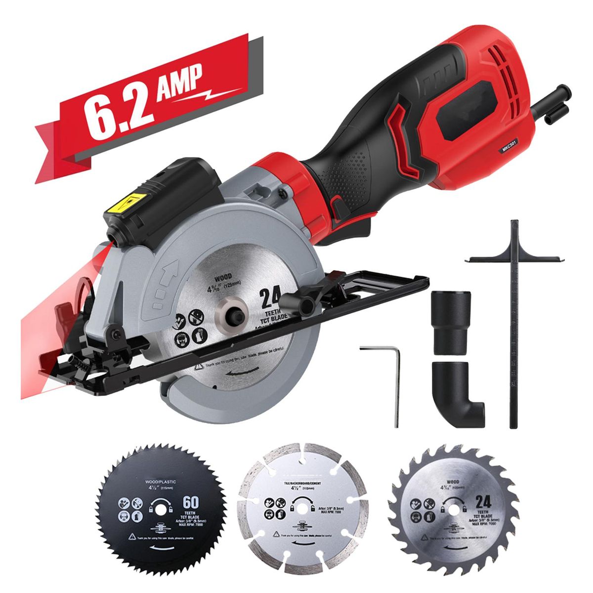 Mini Circular Saw,  750W  6.2A  3500RPM Compact Circular Saw with Laser Electric Saw with 3 Saw Blades Cutting Depth 90° (48mm), 45° (32mm) Ideal for Wood, PVC Pipe, Soft Metal, Tile, Plastic