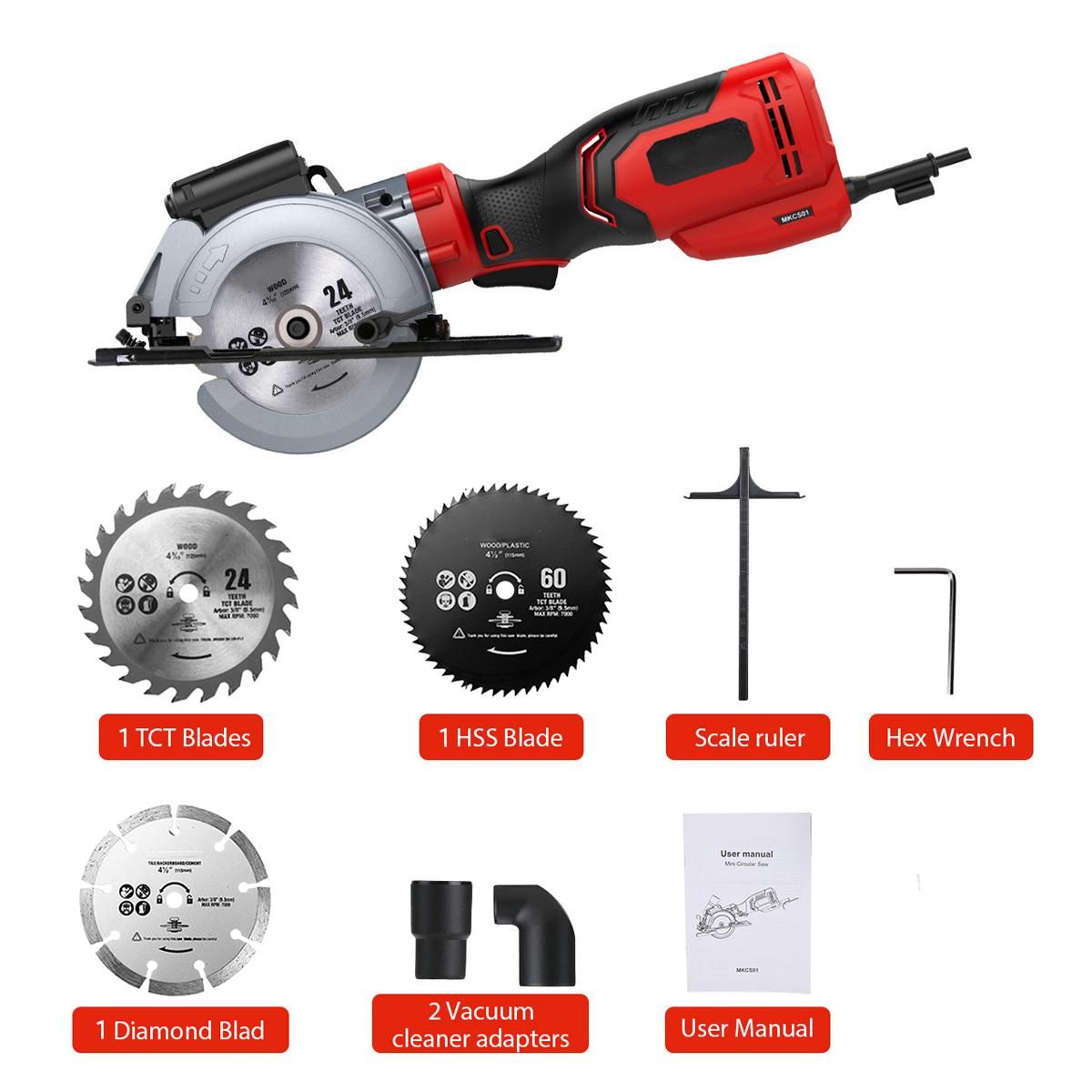 Mini Circular Saw,  750W  6.2A  3500RPM Compact Circular Saw with Laser Electric Saw with 3 Saw Blades Cutting Depth 90° (48mm), 45° (32mm) Ideal for Wood, PVC Pipe, Soft Metal, Tile, Plastic