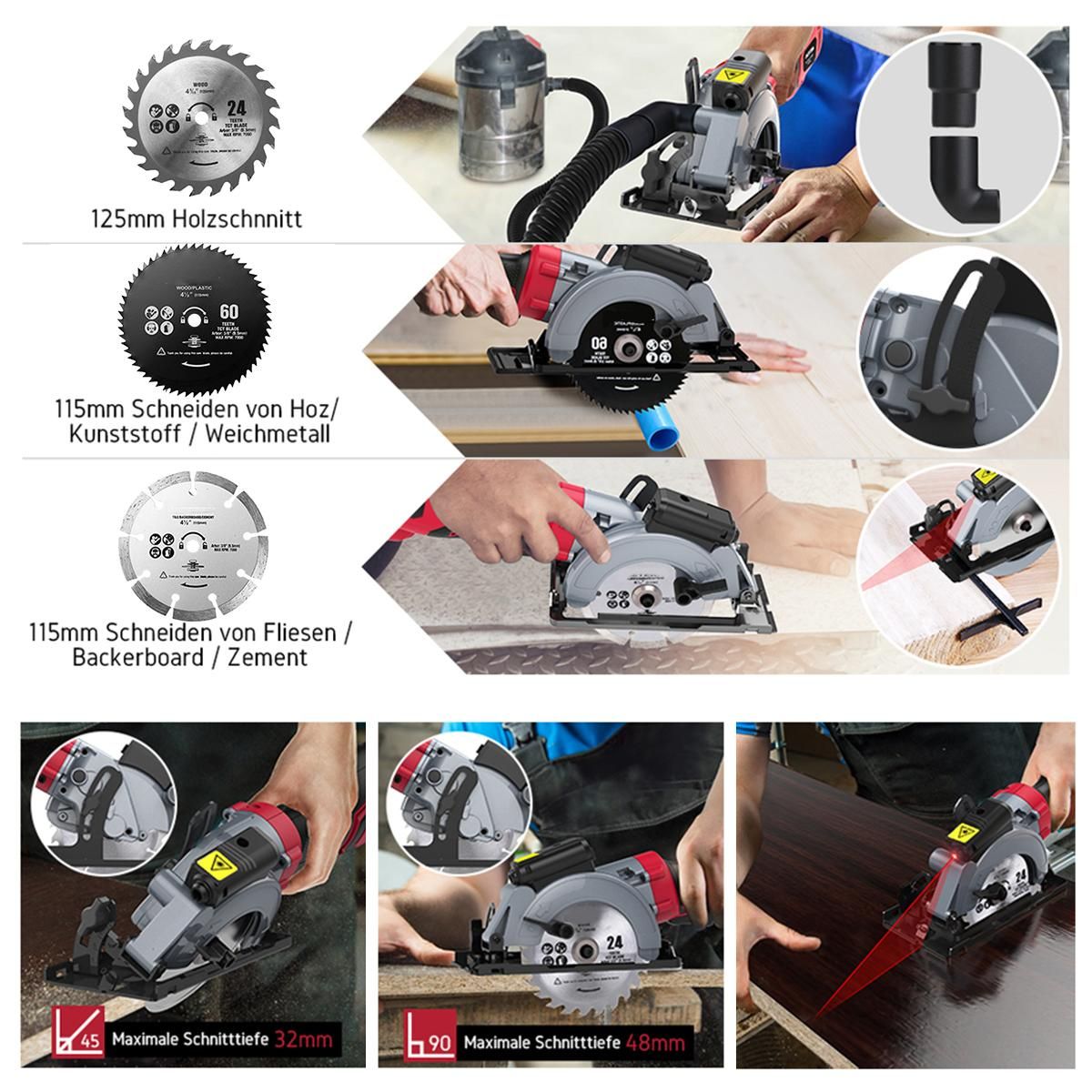 Mini Circular Saw,  750W  6.2A  3500RPM Compact Circular Saw with Laser Electric Saw with 3 Saw Blades Cutting Depth 90° (48mm), 45° (32mm) Ideal for Wood, PVC Pipe, Soft Metal, Tile, Plastic