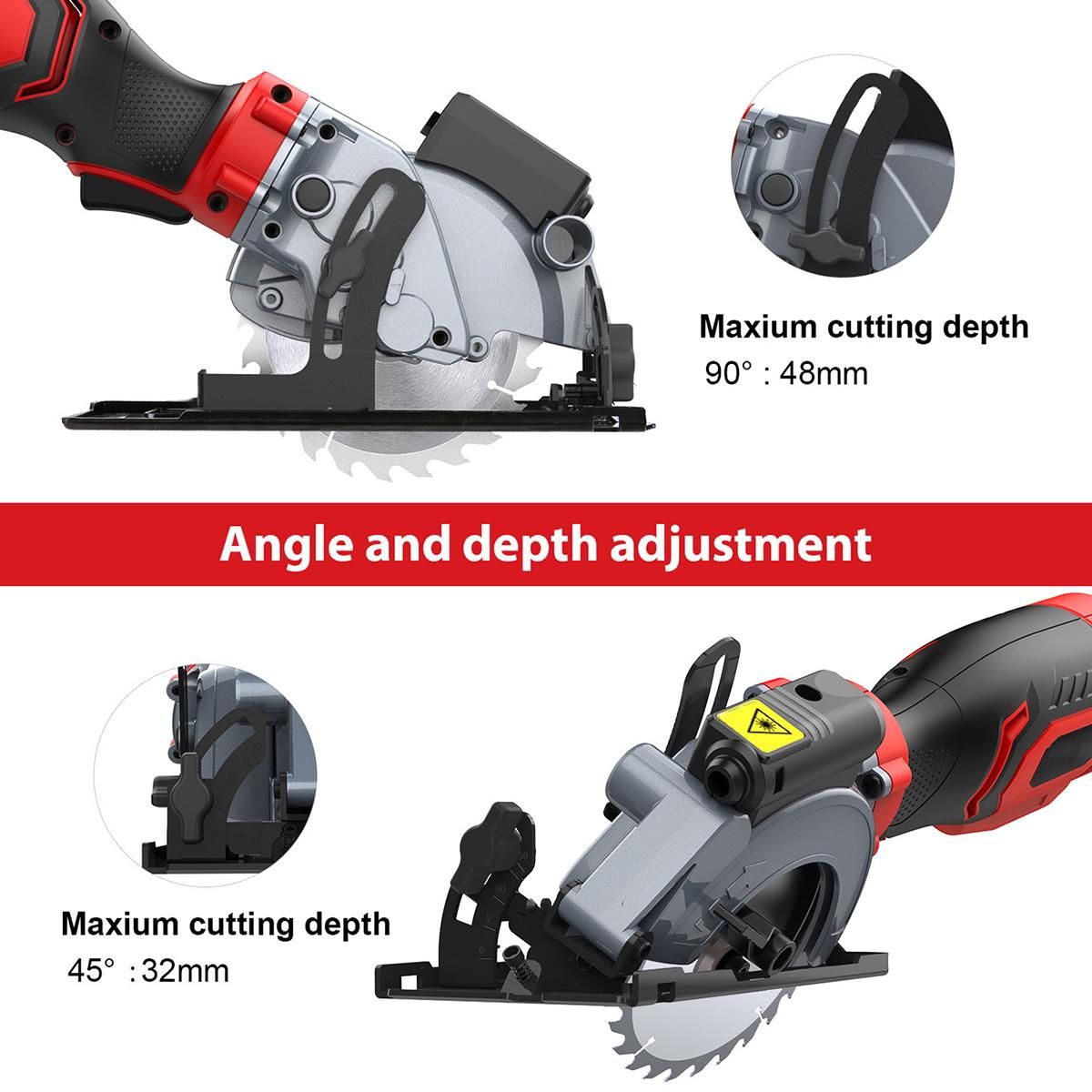 Mini Circular Saw,  750W  6.2A  3500RPM Compact Circular Saw with Laser Electric Saw with 3 Saw Blades Cutting Depth 90° (48mm), 45° (32mm) Ideal for Wood, PVC Pipe, Soft Metal, Tile, Plastic