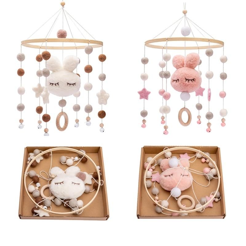 Baby Rattles Crib Mobiles Toy Cotton Rabbit Pendant Bed Bell Rotating Music Rattles For Cots Projection Infant Wooden Toys