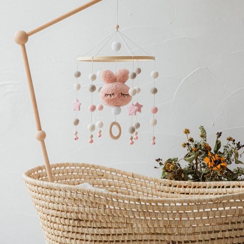 Baby Rattles Crib Mobiles Toy Cotton Rabbit Pendant Bed Bell Rotating Music Rattles For Cots Projection Infant Wooden Toys