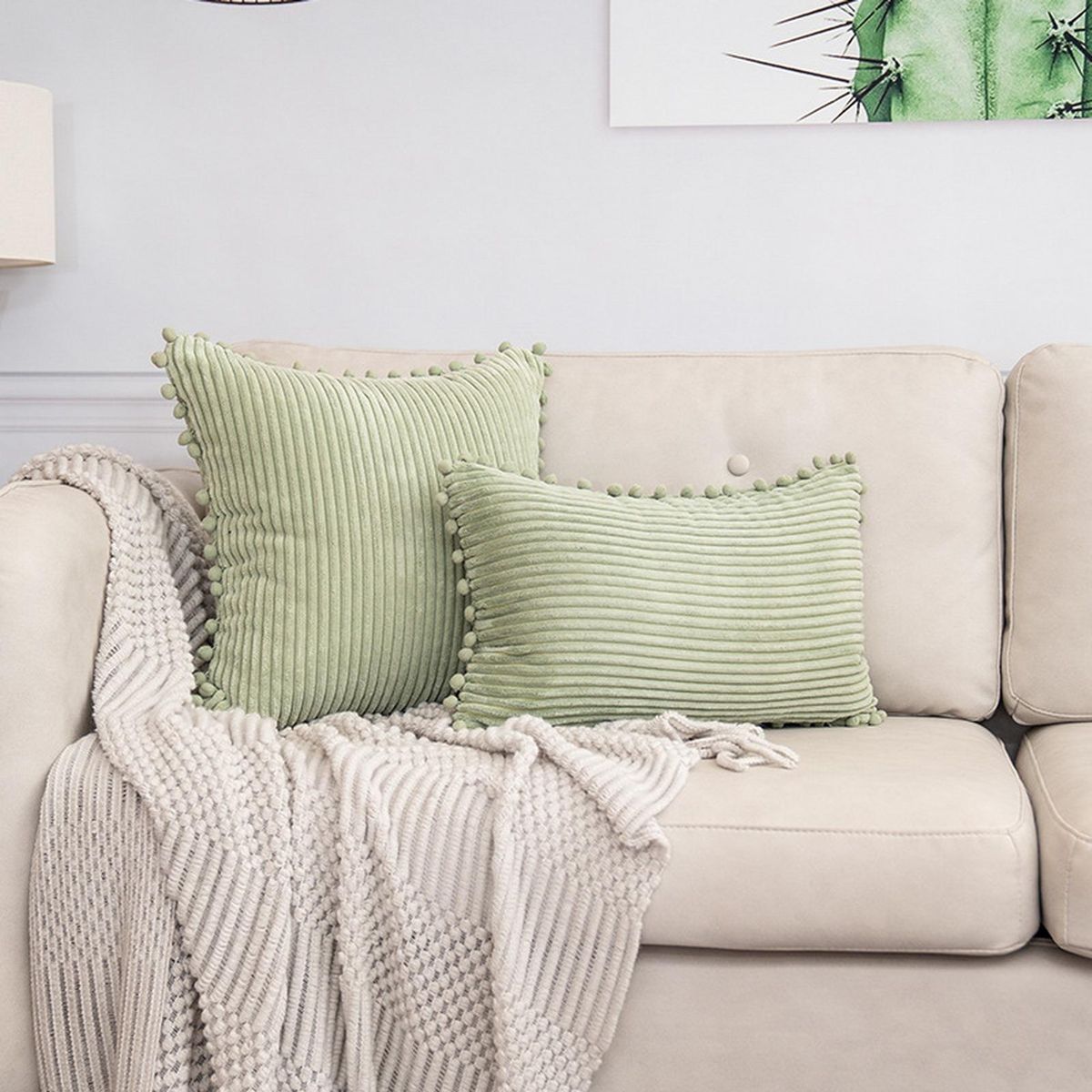 Throw Pillow Cover Nordic Style INS Striped Tassel Ball Sofa Cushion Cover Light Green