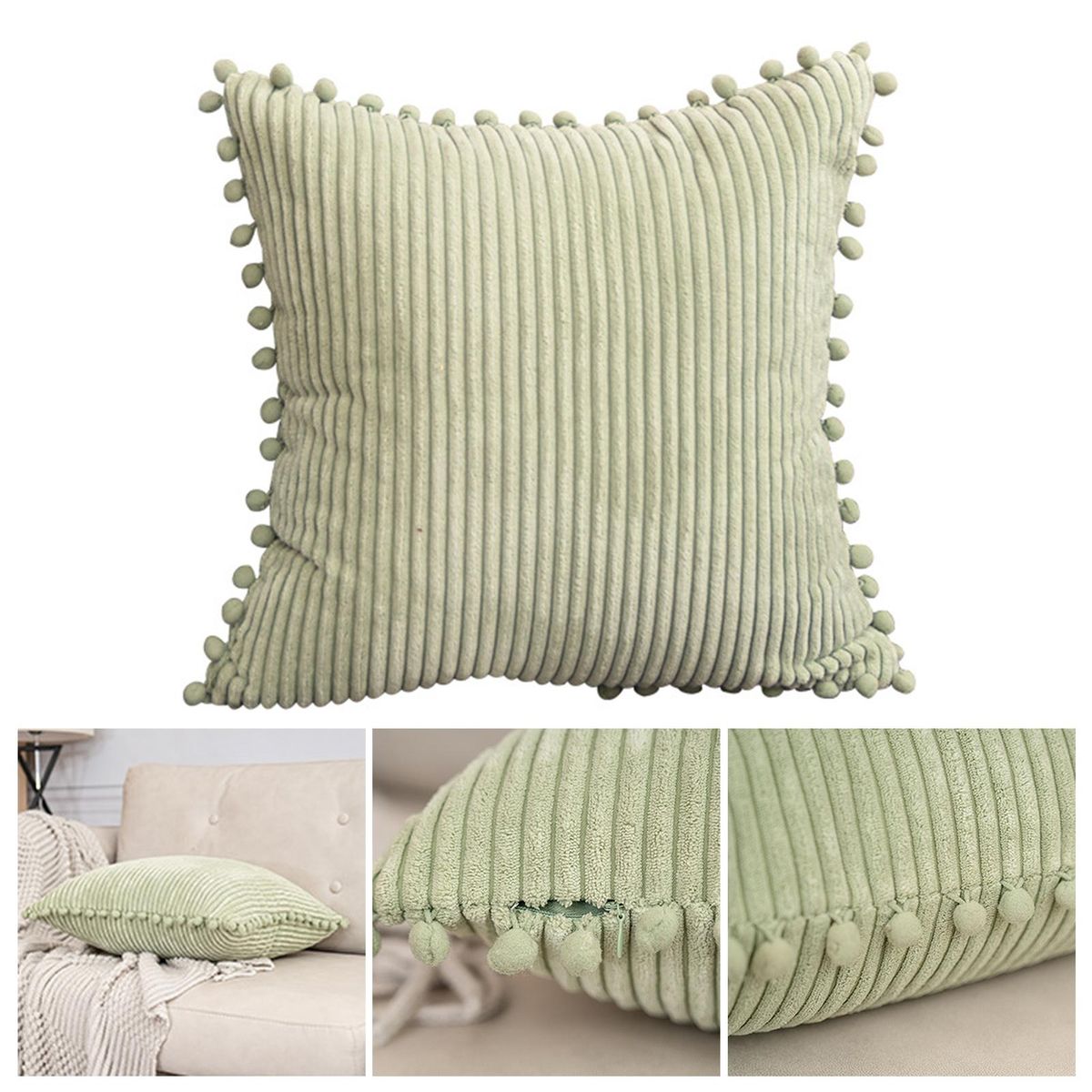 Throw Pillow Cover Nordic Style INS Striped Tassel Ball Sofa Cushion Cover Light Green