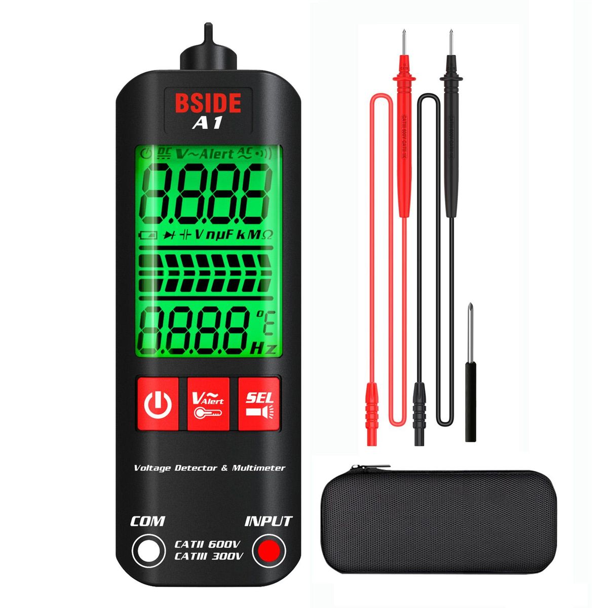 BSIDE A1 Mini Multimeter LCD Digital Tester Voltage Detector 2000 Counts DC/AC Voltage Frequency Resistance NCV Continuity Live Wire Neutral Wire Check True RMS Meter with Storage Zipper Case