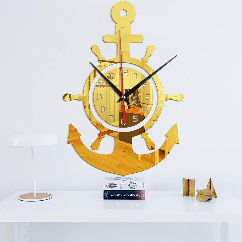 Anchor Wall Clock Nautical Pirate Ship Wheel Hanging 3D Mediterranean Style Golden