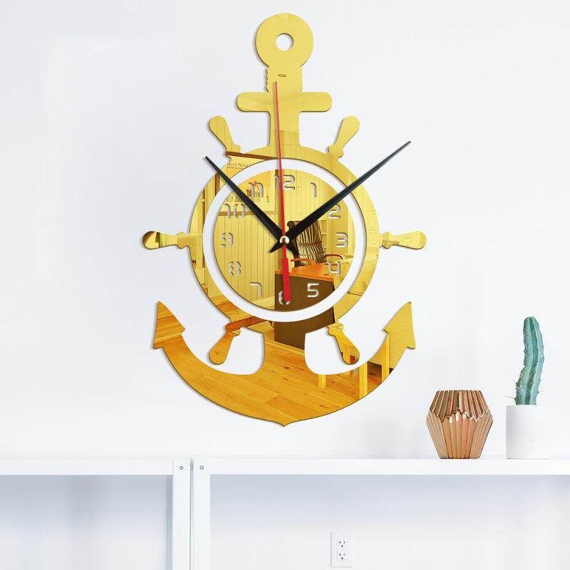 Anchor Wall Clock Nautical Pirate Ship Wheel Hanging 3D Mediterranean Style Golden