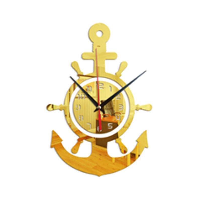 Anchor Wall Clock Nautical Pirate Ship Wheel Hanging 3D Mediterranean Style Golden