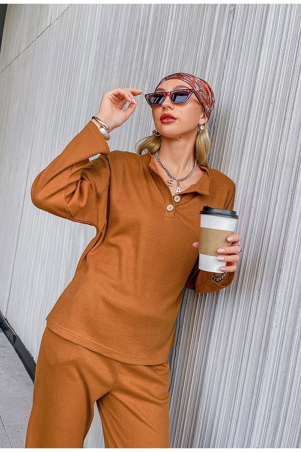 Women Casual Two Piece Sport Long Sleeve Outfit Track Set - Cider Orange
