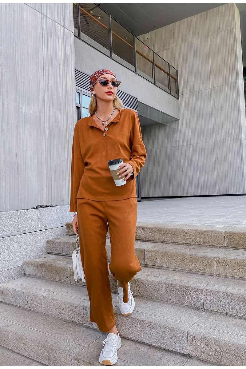 Women Casual Two Piece Sport Long Sleeve Outfit Track Set - Cider Orange