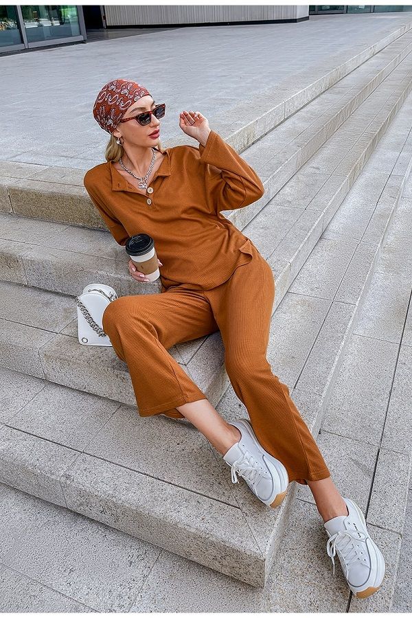 Women Casual Two Piece Sport Long Sleeve Outfit Track Set - Cider Orange