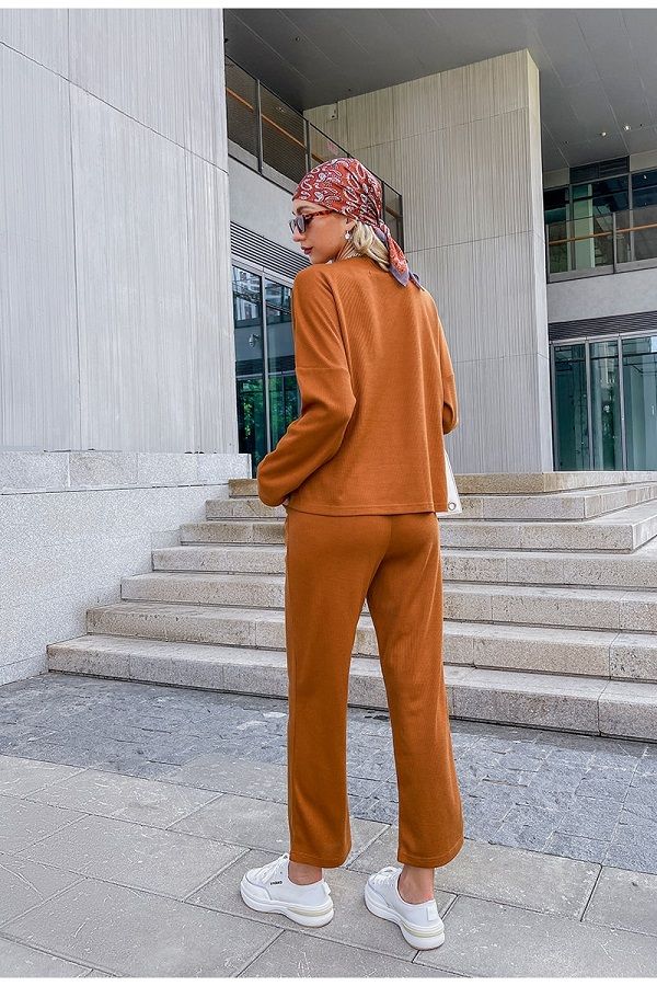 Women Casual Two Piece Sport Long Sleeve Outfit Track Set - Cider Orange