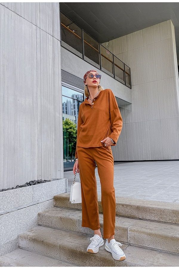 Women Casual Two Piece Sport Long Sleeve Outfit Track Set - Cider Orange