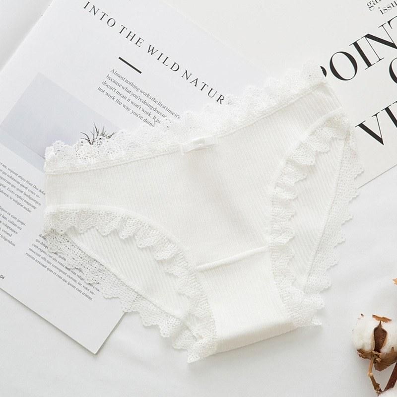 Women Solid Color Panties Breathable Thread Cotton Mid Rise Lace Trim Bowknot Comfortable Briefs Underwear Lingerie