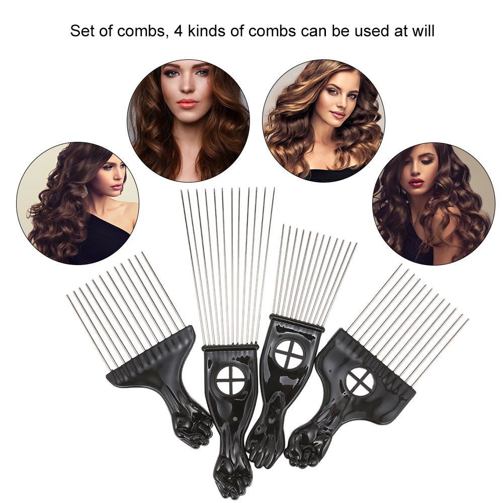 4PCS Black Comb Set Metal Afro Hair Style Comb Curly Hair