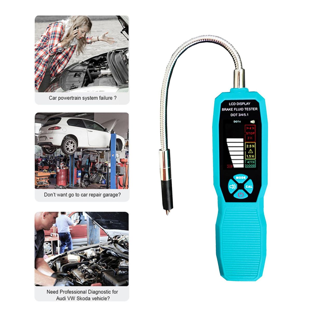Brake Fluid Tester, DOT3 DOT4 DOT5.1 LCD Color Screen Brake Fluid Tester with CAL Self-Calibration Function Sound Prompt Flexible Probe Storage Case 4 AAA Battery