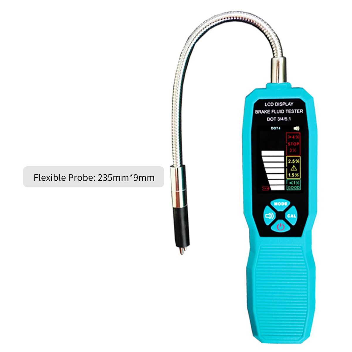 Brake Fluid Tester, DOT3 DOT4 DOT5.1 LCD Color Screen Brake Fluid Tester with CAL Self-Calibration Function Sound Prompt Flexible Probe Storage Case 4 AAA Battery