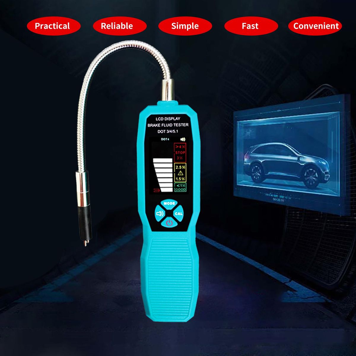 Brake Fluid Tester, DOT3 DOT4 DOT5.1 LCD Color Screen Brake Fluid Tester with CAL Self-Calibration Function Sound Prompt Flexible Probe Storage Case 4 AAA Battery