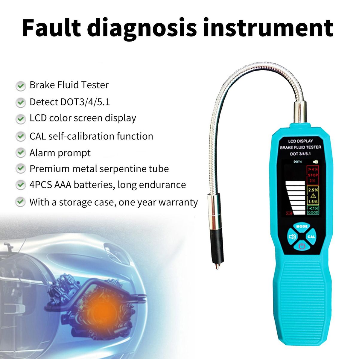 Brake Fluid Tester, DOT3 DOT4 DOT5.1 LCD Color Screen Brake Fluid Tester with CAL Self-Calibration Function Sound Prompt Flexible Probe Storage Case 4 AAA Battery