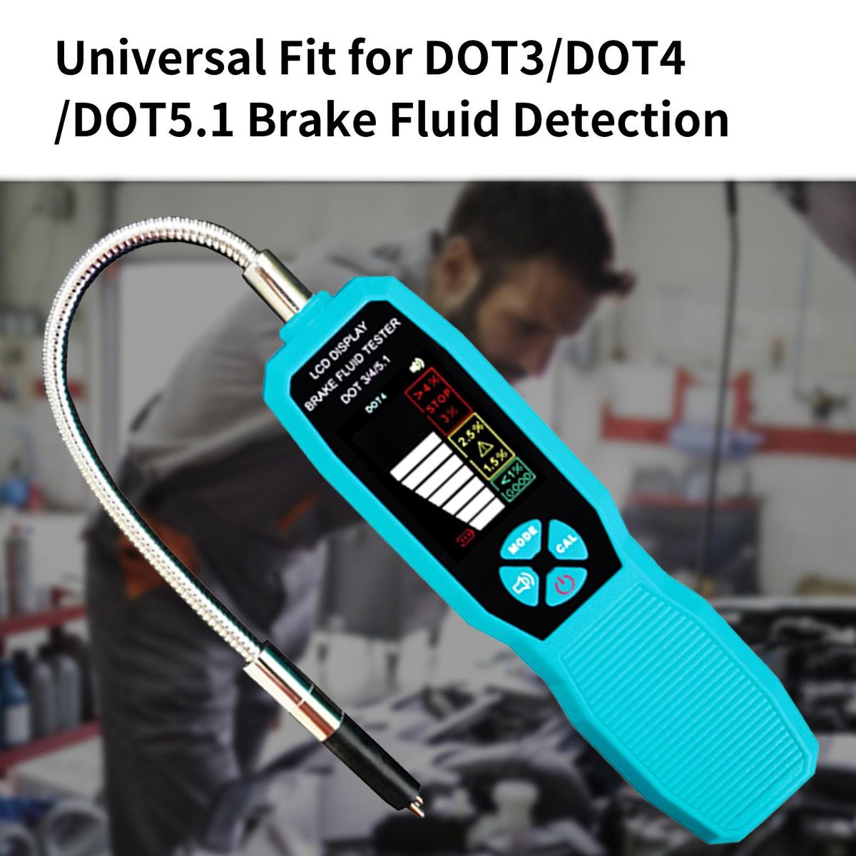 Brake Fluid Tester, DOT3 DOT4 DOT5.1 LCD Color Screen Brake Fluid Tester with CAL Self-Calibration Function Sound Prompt Flexible Probe Storage Case 4 AAA Battery