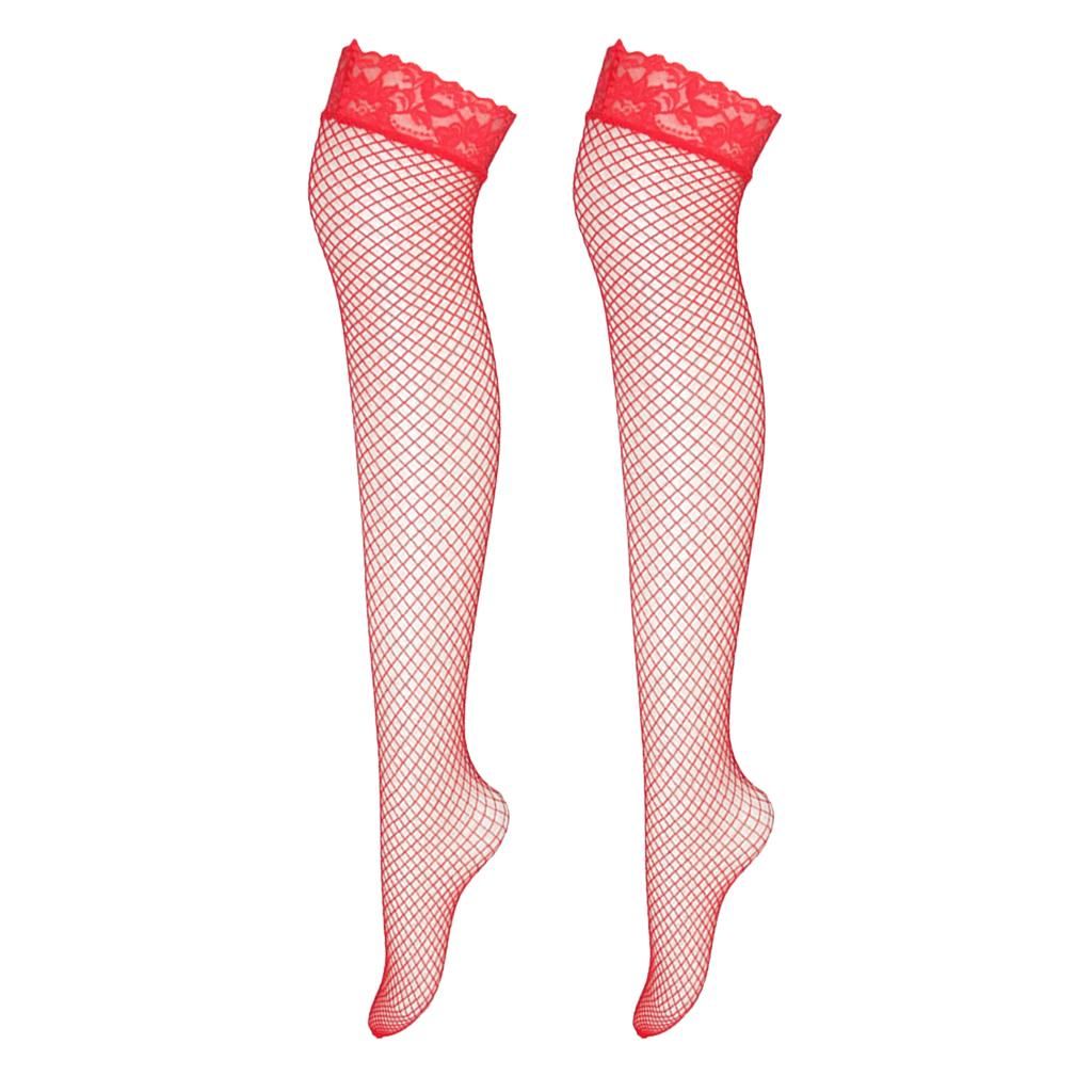 Sexy Ladies Fishnet Stockings Net Mesh Stretchy Floral Lace Trim Red