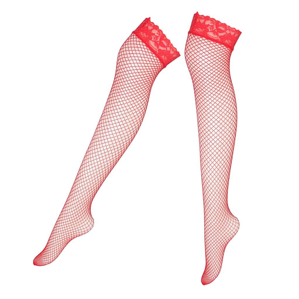 Sexy Ladies Fishnet Stockings Net Mesh Stretchy Floral Lace Trim Red