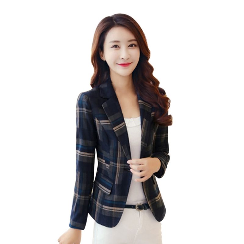 Blazer Women Plaid Blazer Office Lady Slim Blazers Elegant Slim Jackets Girl Office Coat-Blue