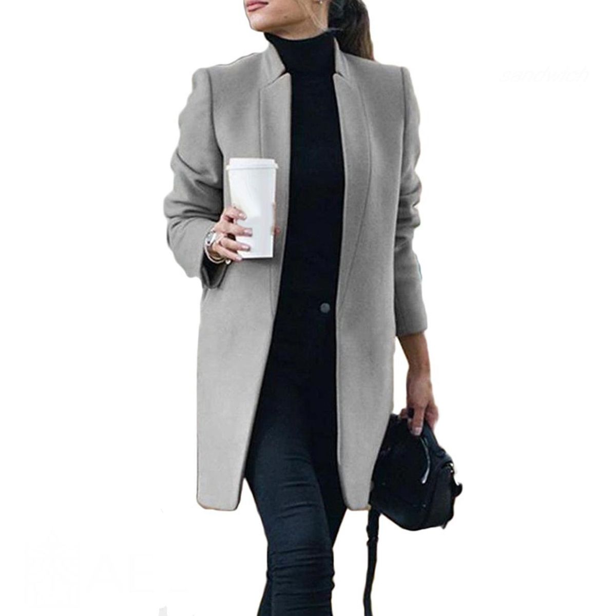 Women Winter Business Coat Stand Collar Mid-Length Slim Long