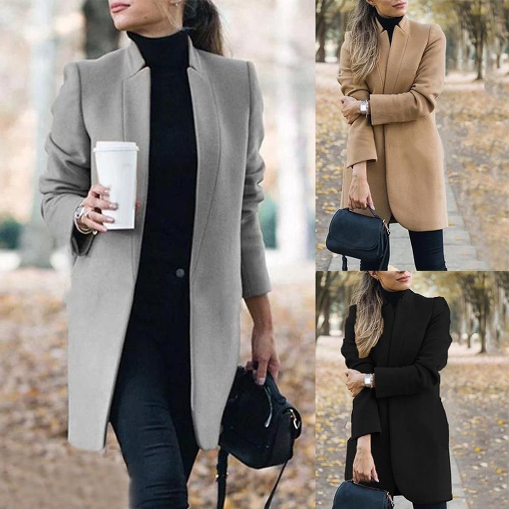 Women Winter Business Coat Stand Collar Mid-Length Slim Long