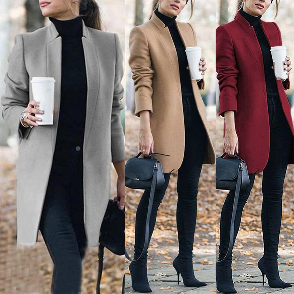 Women Winter Business Coat Stand Collar Mid-Length Slim Long