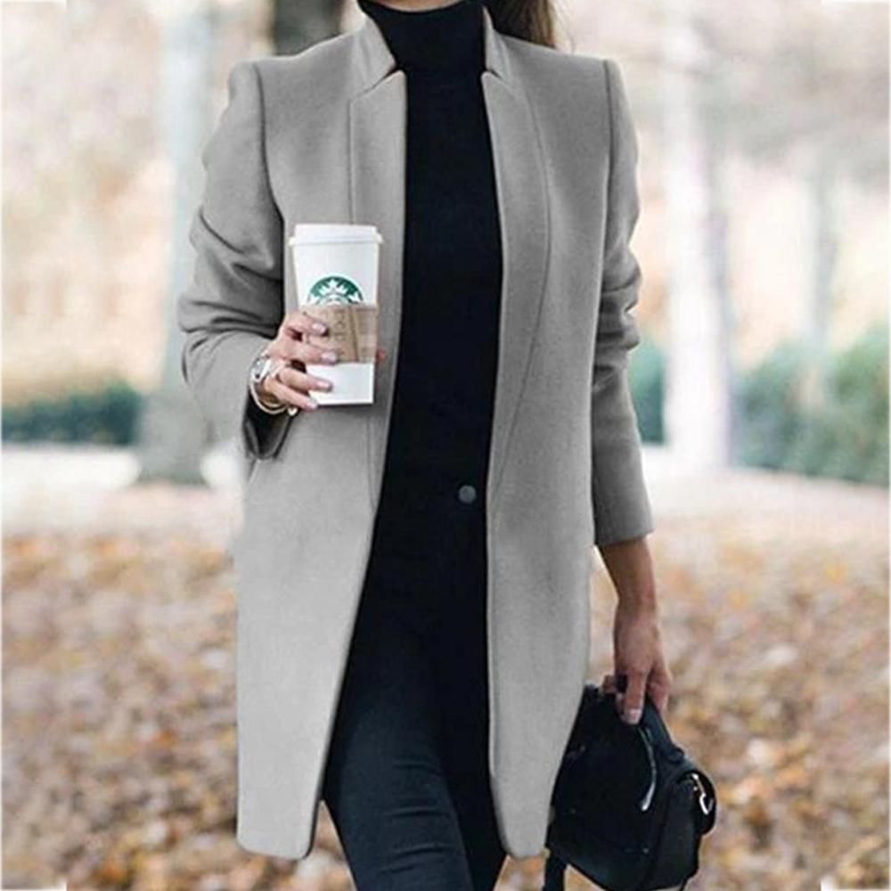 Women Winter Business Coat Stand Collar Mid-Length Slim Long