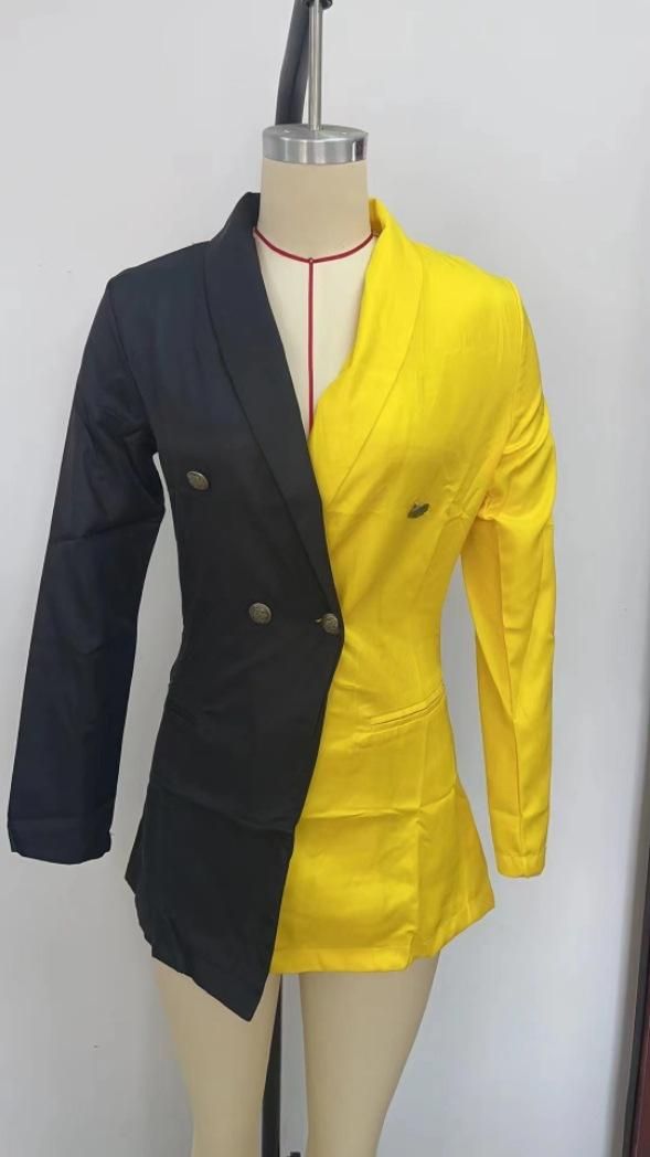 Elegant V Neck Office Suit Dress Long Sleeve Colorblock Casual Blazer Yellow