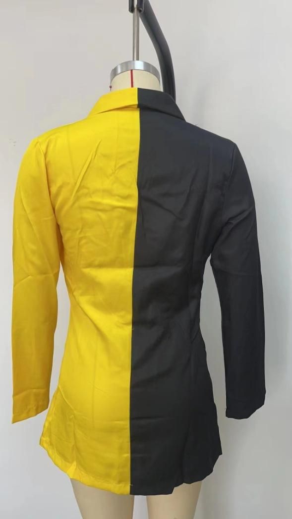 Elegant V Neck Office Suit Dress Long Sleeve Colorblock Casual Blazer Yellow