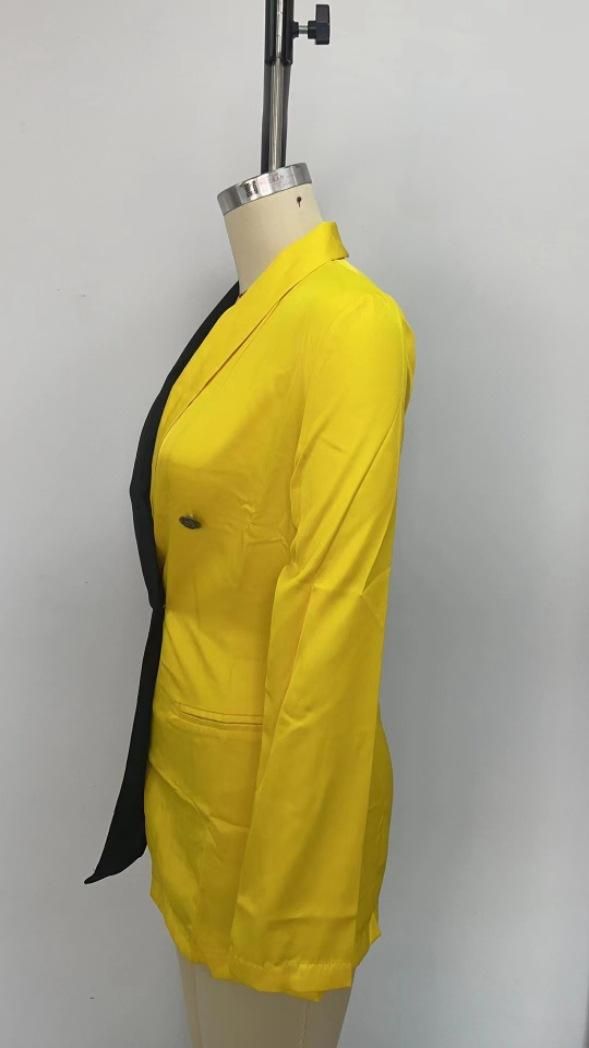 Elegant V Neck Office Suit Dress Long Sleeve Colorblock Casual Blazer Yellow