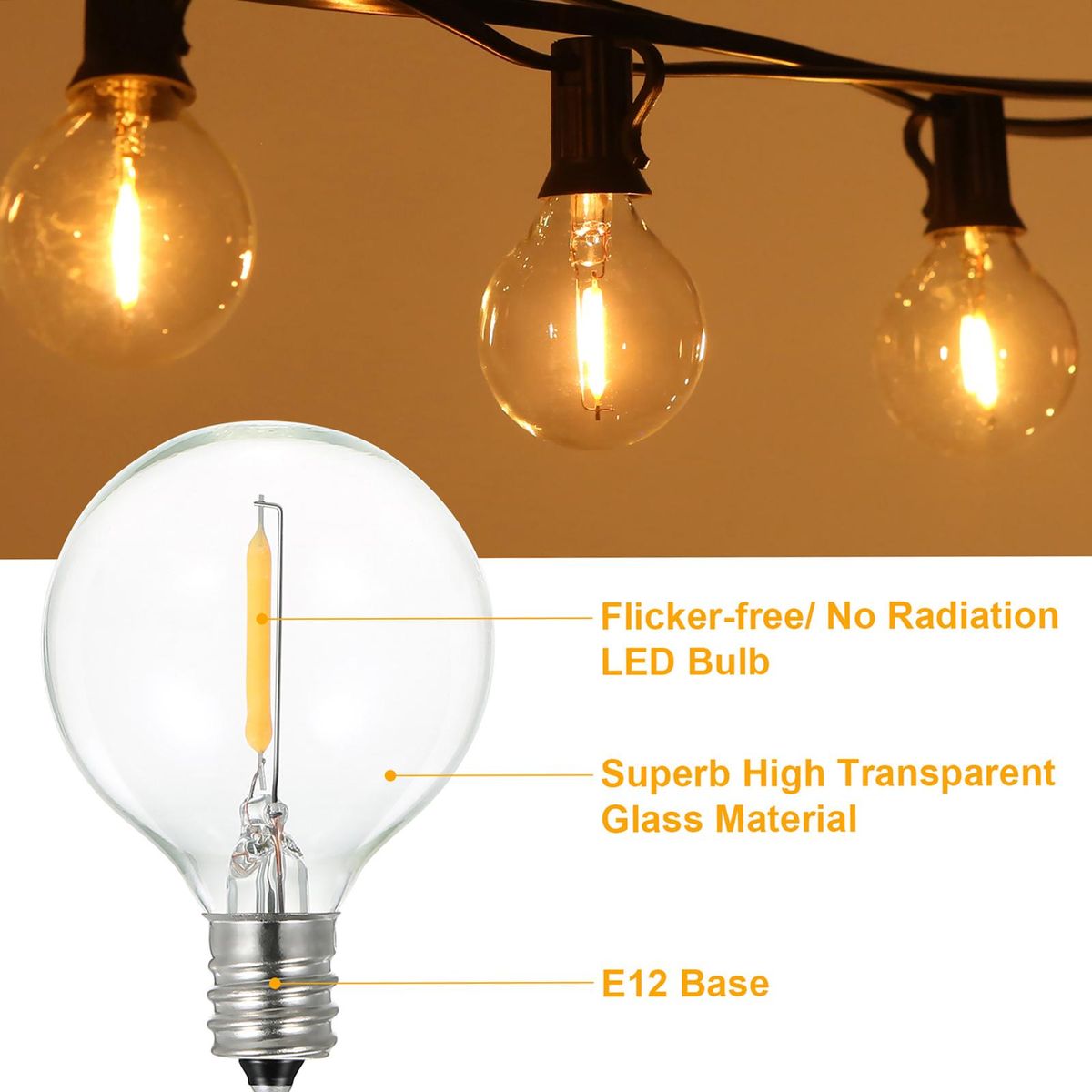 A C230V Globe LEDs G40 Bulbs Lamp 25PCS E12 Base Socket Holder IP44 Water Resistance Warm White for String Light Home Party Decoration Wedding Function Portable
