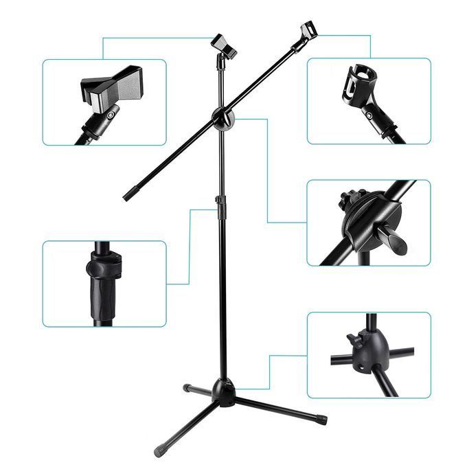 Professional Microphone Stand Metal Dual Microphone Holder Tripod Adjustable Double-headed Clip