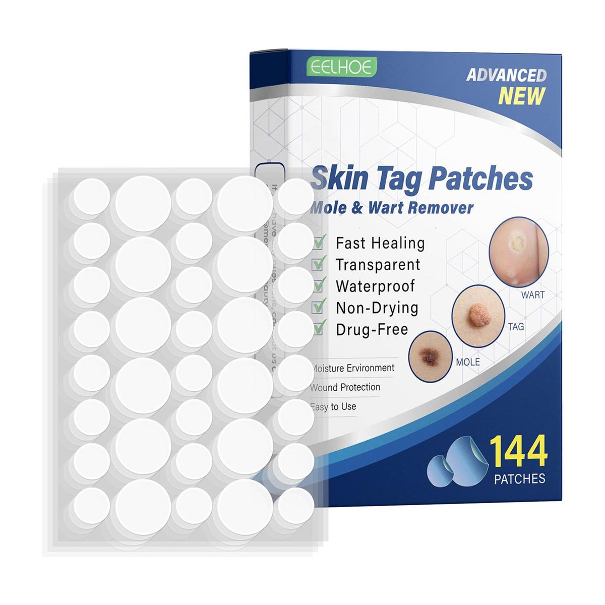 EELHOE Skin T-ag Remover Patches Mole Wart Removing Sticker Natural Ingredients 144PCS
