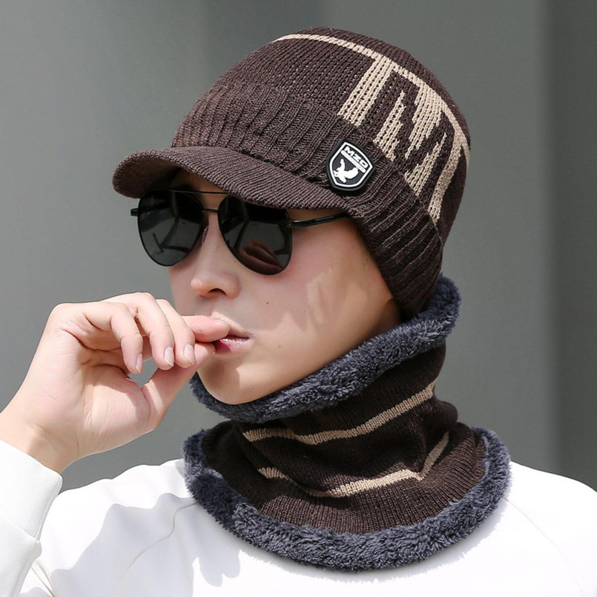 Knitted Hood Outdoor Thick Hat Scarf Coffee