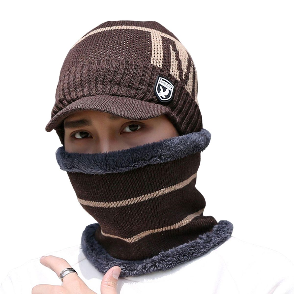 Knitted Hood Outdoor Thick Hat Scarf Coffee