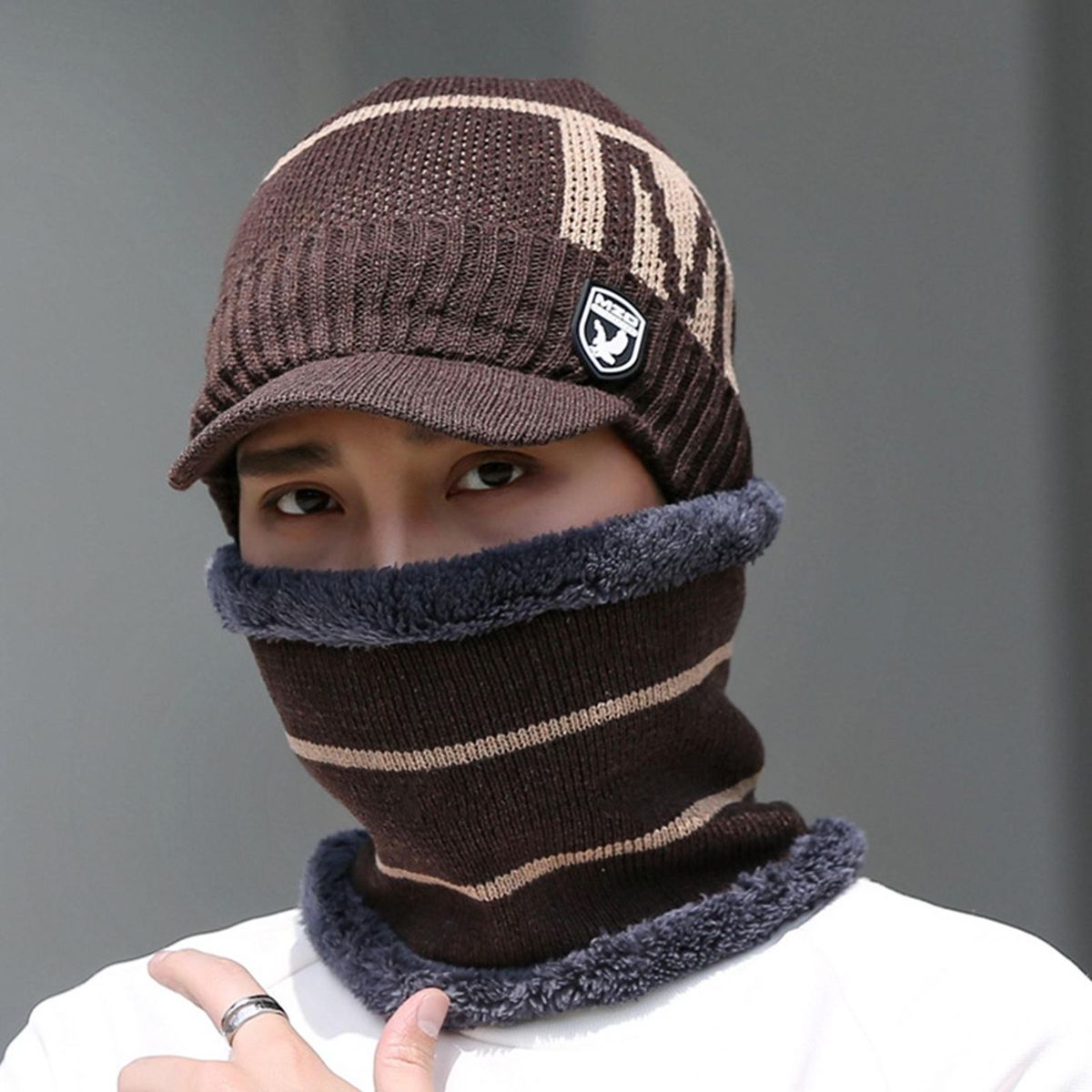 Knitted Hood Outdoor Thick Hat Scarf Coffee