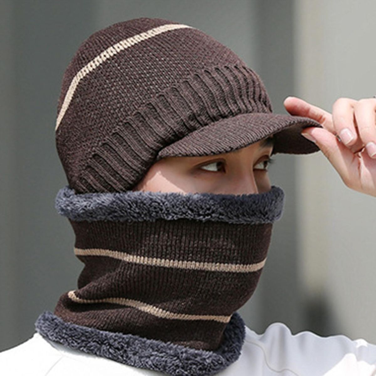 Knitted Hood Outdoor Thick Hat Scarf Coffee