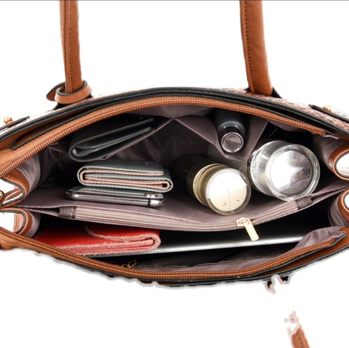 All Season's Leather Office Ladies Handbag 3pcs-Brown