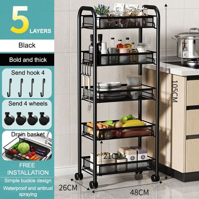 5-Tiers Standard Steel Trolley/Storage Rack - {Black}