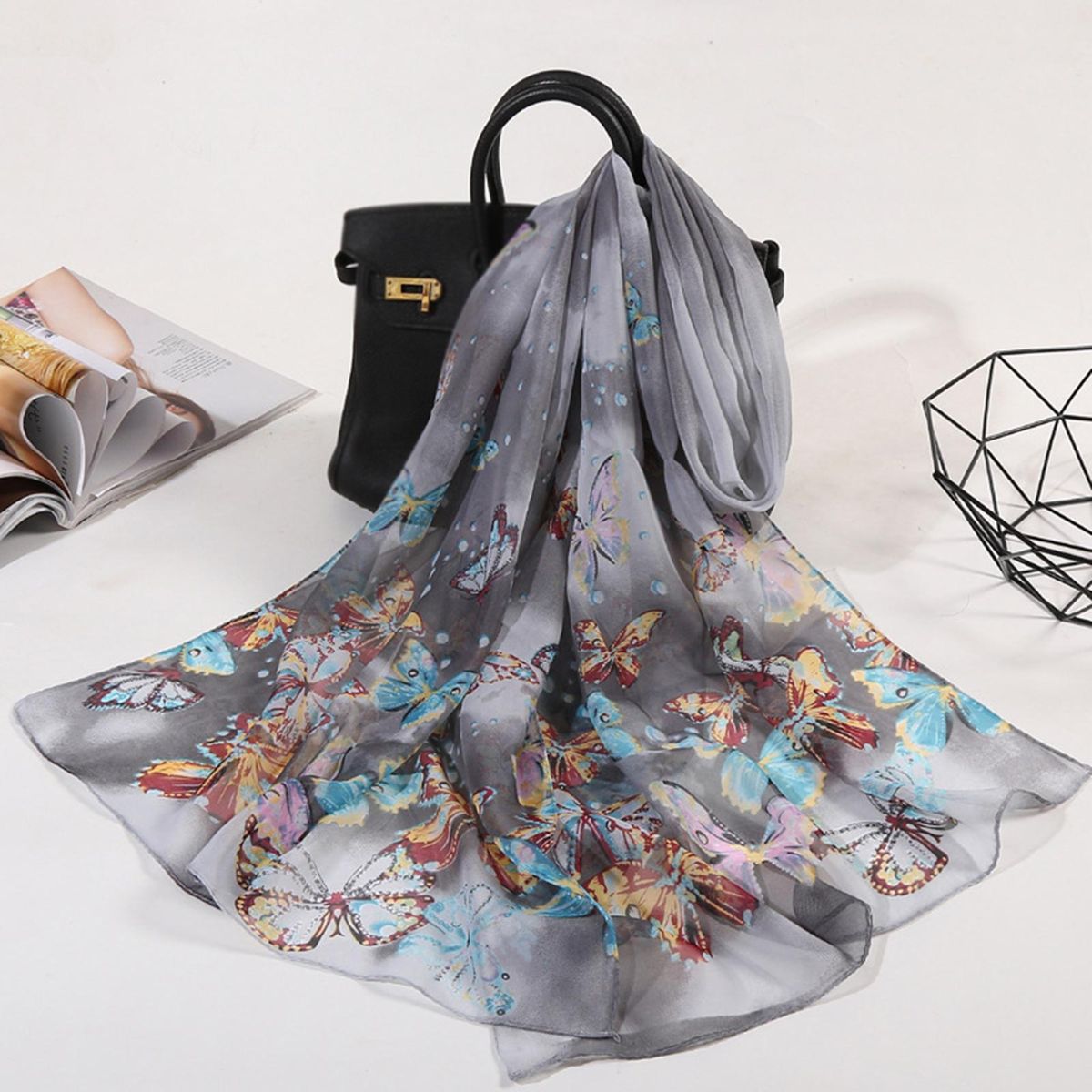 Chiffon Scarf Long Soft Butterfly Print Scarf Dark Gray