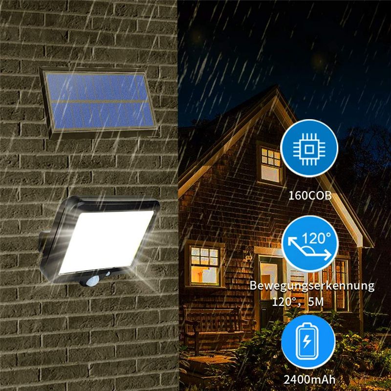 160 COB Solar Powered Light Outdoor Motion Sensor Sunlight Waterproof Wall Lamp for Garden Garage Driveway Porch Fence