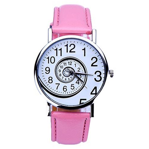Women Creative Swirl Pattern Faux Leather Strap Analog-Pink