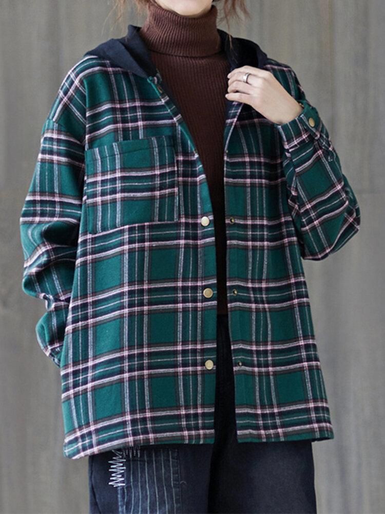 Women Hoodie Literary Check Print Pocket Button Long Sleeve Vintage Coats