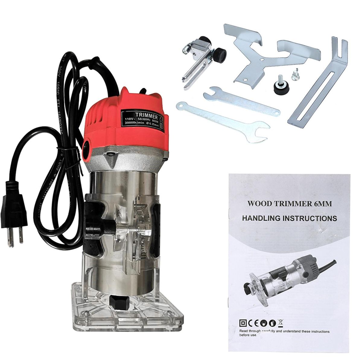 110V 800W Trim Router 30000r/min with Transparent Base Edge Guide Wood Laminate Electric Trimmer Compact Palm Router Corded for Woodworking Trimming Slotting Notching / Aluminum Red / US