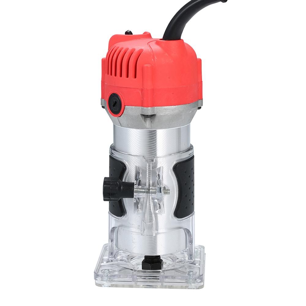 110V 800W Trim Router 30000r/min with Transparent Base Edge Guide Wood Laminate Electric Trimmer Compact Palm Router Corded for Woodworking Trimming Slotting Notching / Aluminum Red / US