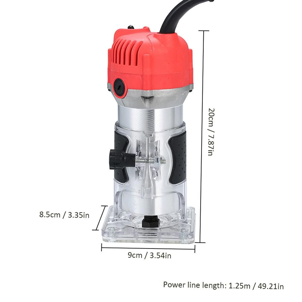110V 800W Trim Router 30000r/min with Transparent Base Edge Guide Wood Laminate Electric Trimmer Compact Palm Router Corded for Woodworking Trimming Slotting Notching / Aluminum Red / US